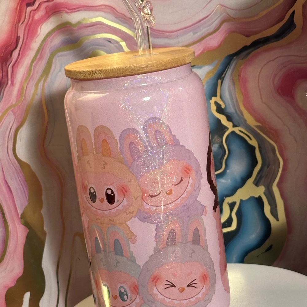 Cute Pink Glitter Labubu 16 oz glass cup with glass bow Straw and plastic straw